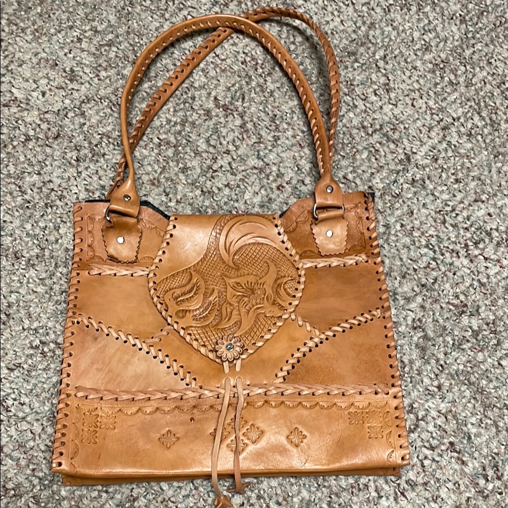 Vintage leather braided embossed Tan Leather Handbag - new